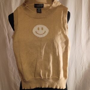 Say What? Tan Sleeveless Sweater with Smiley Face